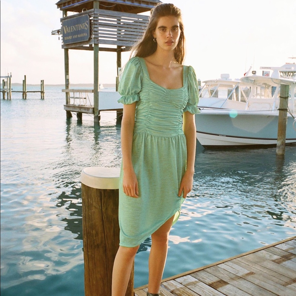 TACH Clothing Urban Outfitters Aries Ruched Puff Sleeve Midi Dress Green Shimmer